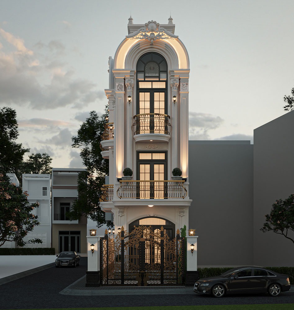 Nhà tân cổ điển 4 tầng với cổng hoa văn tinh xảo và ánh sáng buổi chiều tạo nét sang trọng.