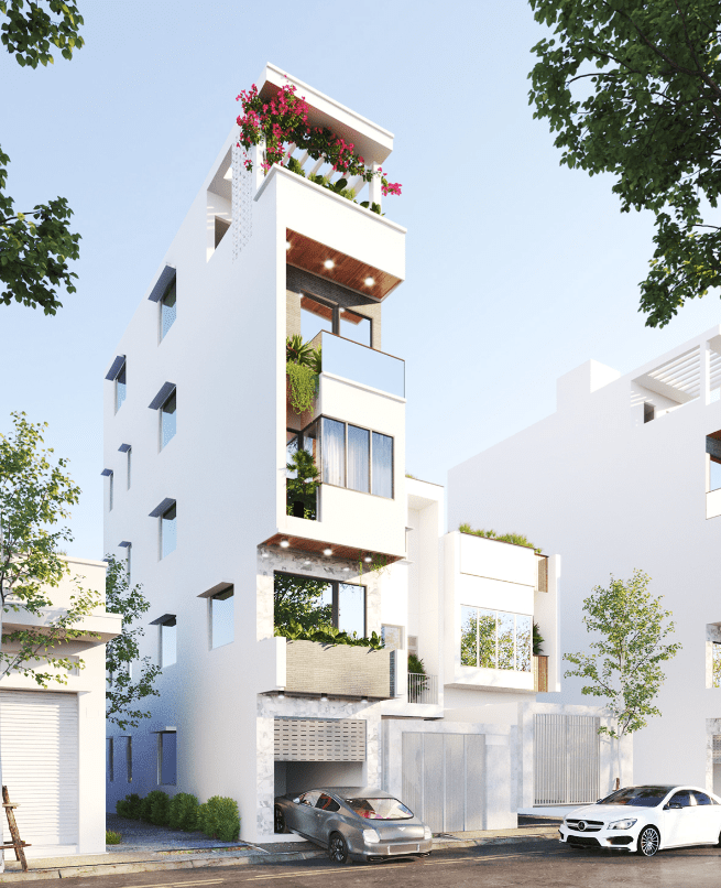 Nhà phố hiện đại 5 tầng với ban công và cây xanh, thoáng đãng trong khu đô thị, xe hơi đậu phía trước.