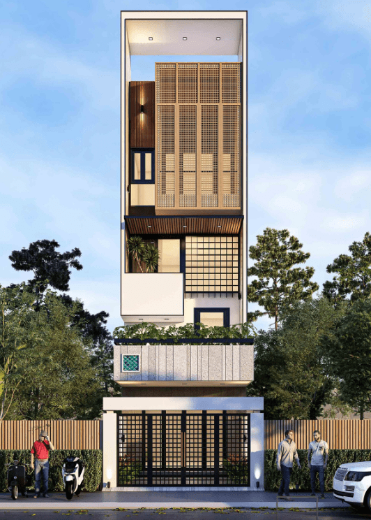 Nhà phố hiện đại nhiều tầng với thiết kế cửa kính và cây xanh.