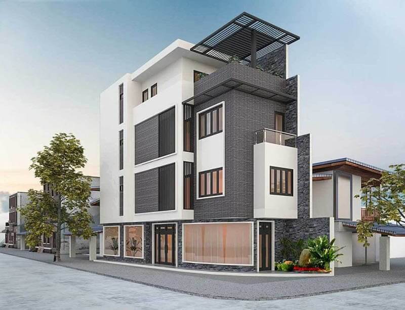 Tòa nhà hiện đại bốn tầng với thiết kế sang trọng, nổi bật trong khu dân cư.