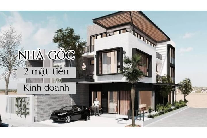 Nhà góc hai mặt tiền hiện đại với cây xanh và ô tô trước cửa, nền trời xanh, thích hợp kinh doanh.