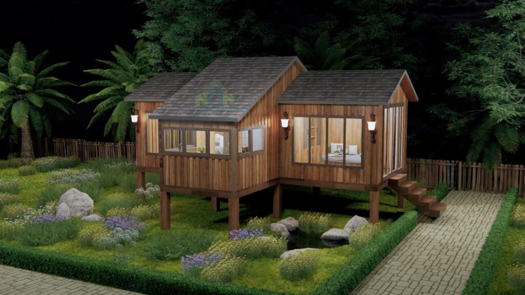 Ngôi nhà gỗ hiện đại giữa vườn cây xanh mát, ánh đèn ấm áp ban đêm, lối đi lát đá, khung cảnh yên bình.