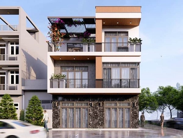 Nhà phố hiện đại ba tầng với ban công và cây xanh, thiết kế tối giản và tinh tế.