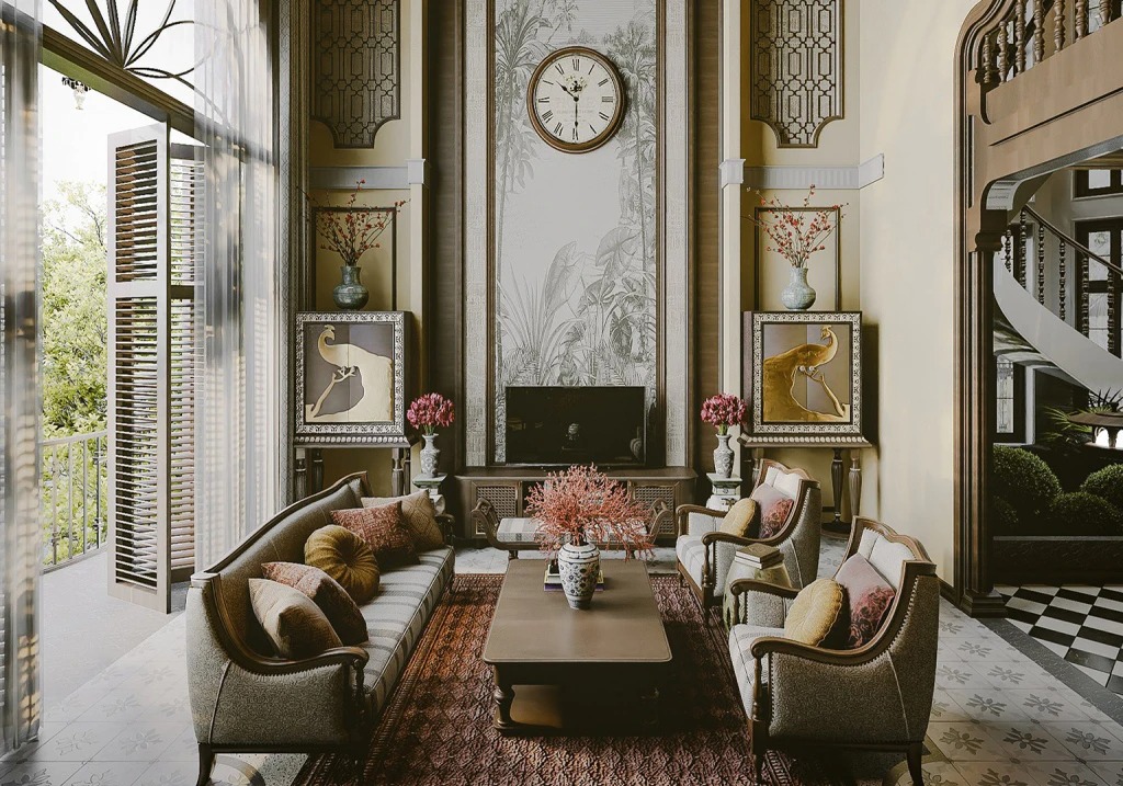 nhung-luu-y-khi-thiet-ke-sanh-nha-3 Phòng khách sang trọng với trang trí cổ điển, đồng hồ treo tường và nội thất ấm cúng, cửa sổ rộng mở ra vườn.