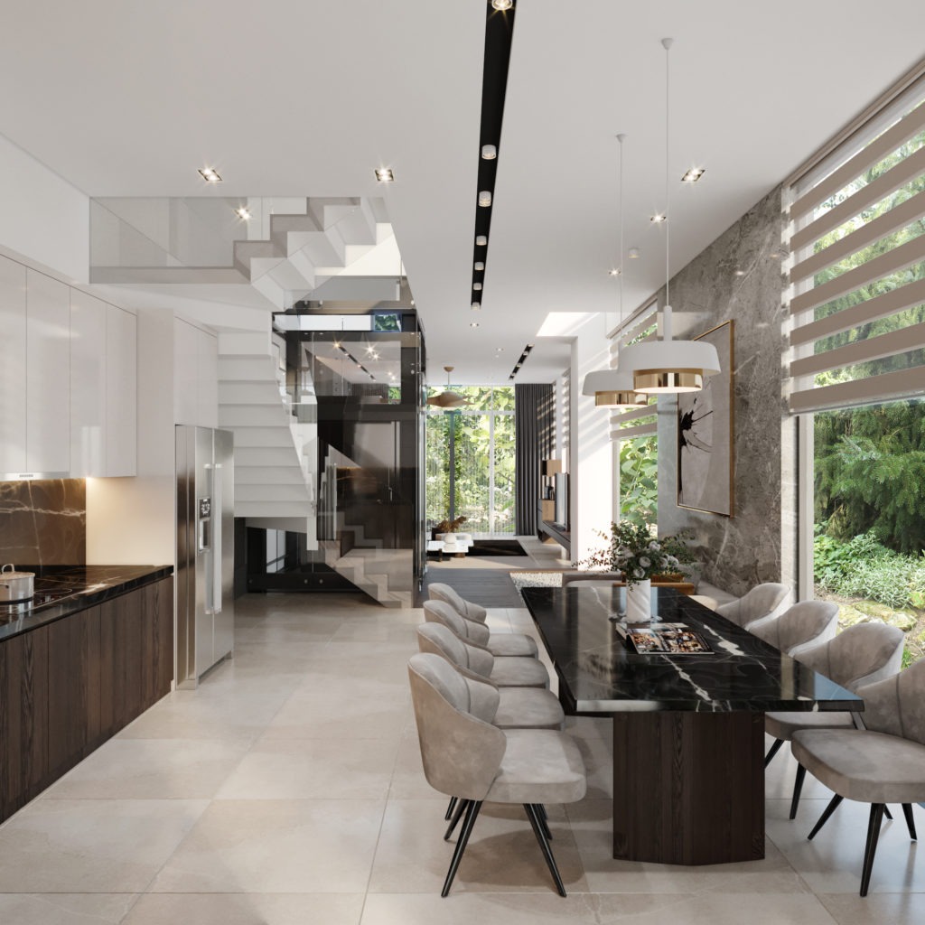 Nhà bếp hiện đại với bàn ăn đá cẩm thạch, ánh sáng tự nhiên từ cửa sổ lớn, thiết kế tối giản và sang trọng.