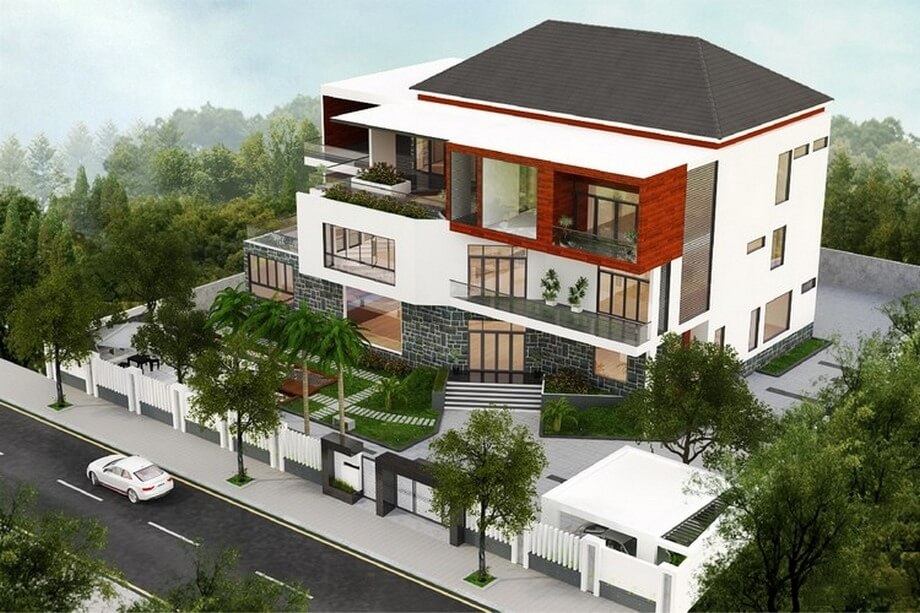 nhung-luu-y-quan-trong-khi-thiet-ke-nha-100m2-co-san-vuon Biệt thự sang trọng với thiết kế hiện đại, bao quanh là cây xanh và đường phố yên tĩnh.
