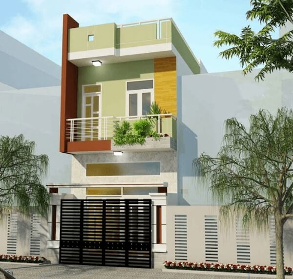 Nhà phố hiện đại 2 tầng với ban công xanh, tông màu sáng, cổng sắt, cây xanh xung quanh, thiết kế tối giản.