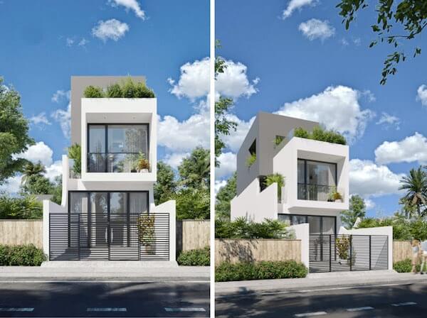 Mặt tiền ngôi nhà hiện đại với hai tầng và sân vườn trên mái, trời trong xanh và cây xanh xung quanh.