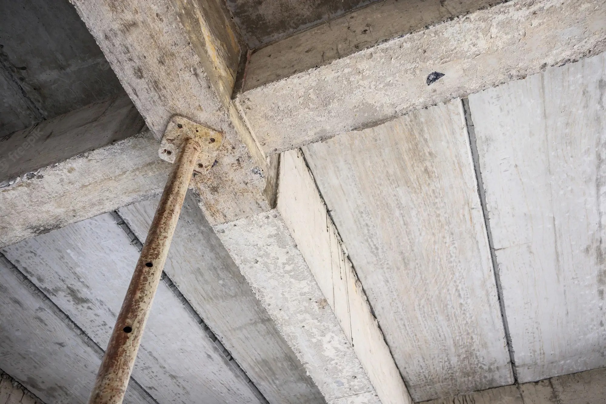 nhung-uu-diem-cua-dam-san Cột sắt chống đỡ trần bê tông cũ kỹ trong tòa nhà đang xây dựng, hiển thị những nét đặc trưng công nghiệp.