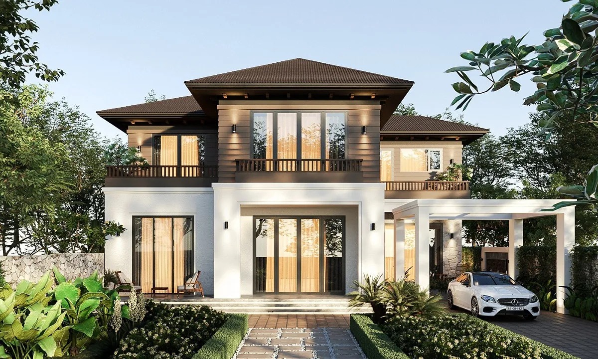 Biệt thự hai tầng sang trọng với vườn rộng, thiết kế hiện đại, xe hơi đỗ phía trước, bao quanh bởi cây xanh.