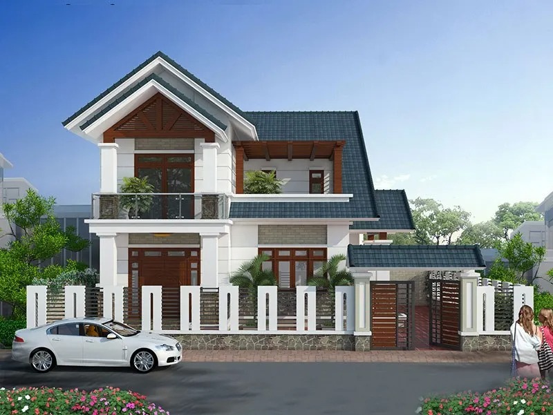 nhung-yeu-to-anh-huong-den-chi-phi-xay-nha-2-tang-200m2-2 Ngôi nhà hiện đại hai tầng với mái ngói, sân trước rộng và xe hơi trắng đậu trước cổng.