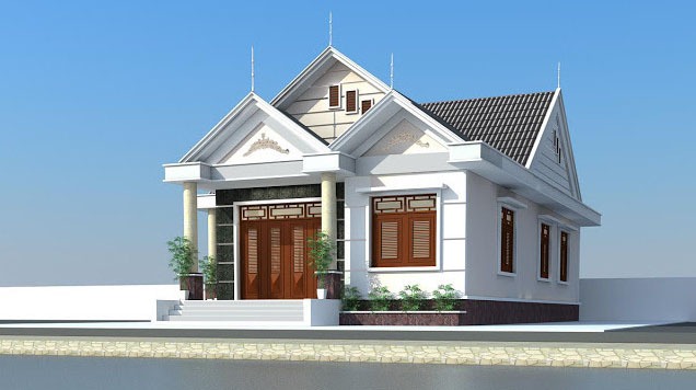 nhuoc-diem-nha-mai-thai Nhà cấp 4 mái thái có cửa sổ lớn, thiết kế hiện đại, màu trắng giữa nền trời trong xanh.