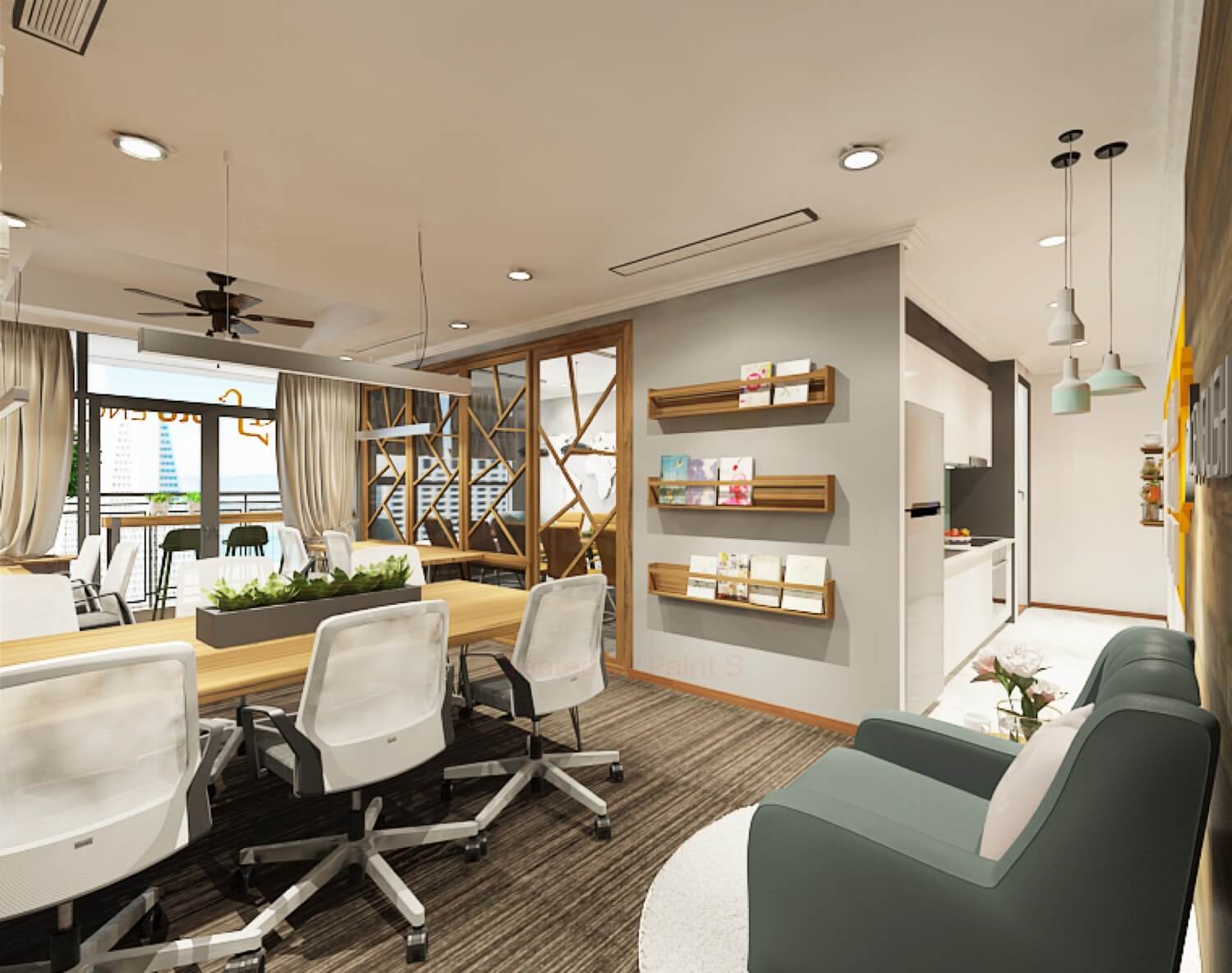 noi-ngoai-that-van-phong-chuyen Văn phòng hiện đại với bàn làm việc dài, bàn ghế thoải mái và ánh sáng tự nhiên từ cửa sổ lớn.