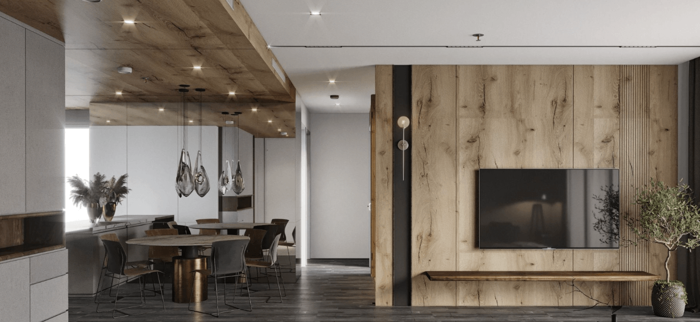 Phòng khách hiện đại với nội thất gỗ, tivi treo tường và bàn ăn tinh tế. Không gian mở và sang trọng.