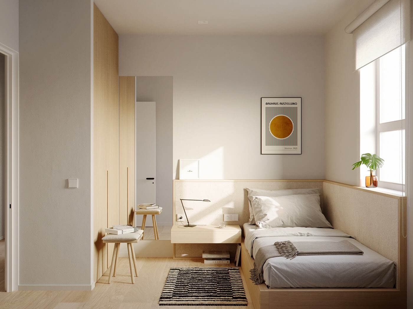 Phòng ngủ nhỏ gọn với giường đơn, cửa sổ sáng sủa và nội thất gỗ tối giản.