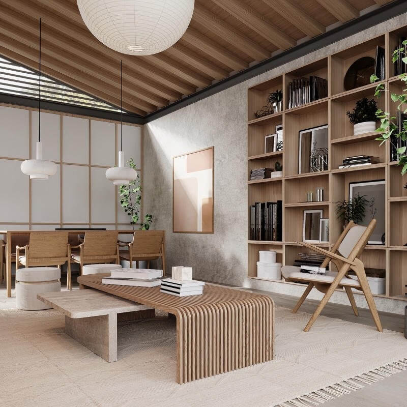 Phòng khách hiện đại với bàn gỗ, ghế thư giãn, kệ sách và đèn treo trang trí, phong cách tối giản và ấm cúng.