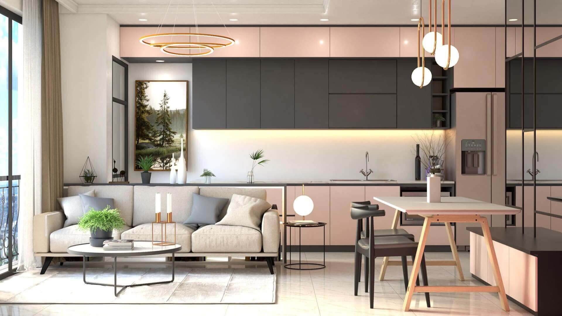 Phòng khách hiện đại với ghế sofa, bàn trà và bếp màu sắc trung tính. Nội thất tối giản, ánh sáng tự nhiên.