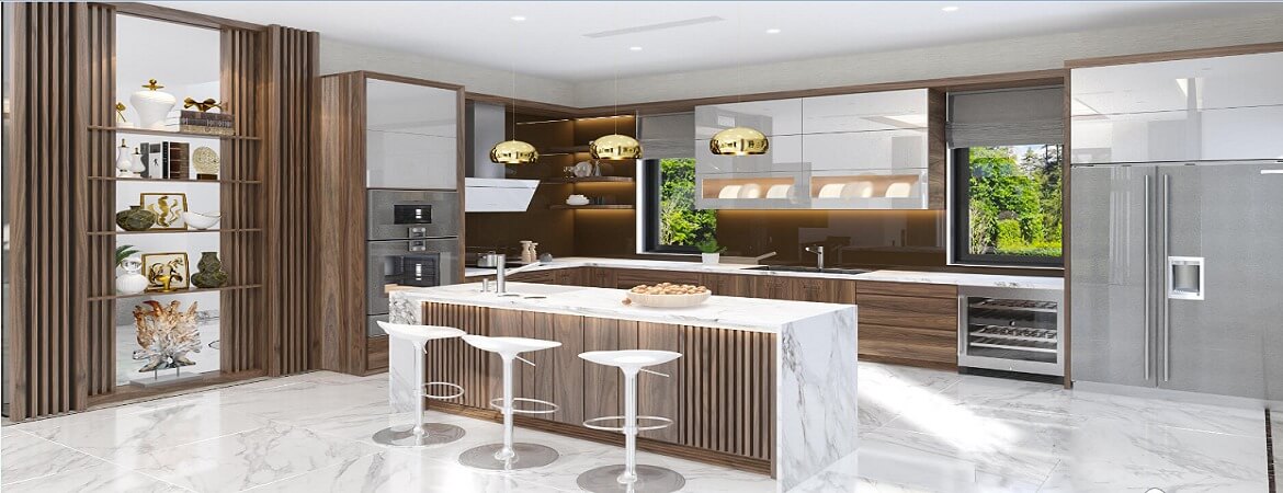 Nhà bếp hiện đại với đảo bếp đá cẩm thạch, nội thất gỗ và tủ lạnh lớn, phong cách sang trọng và sáng sủa.