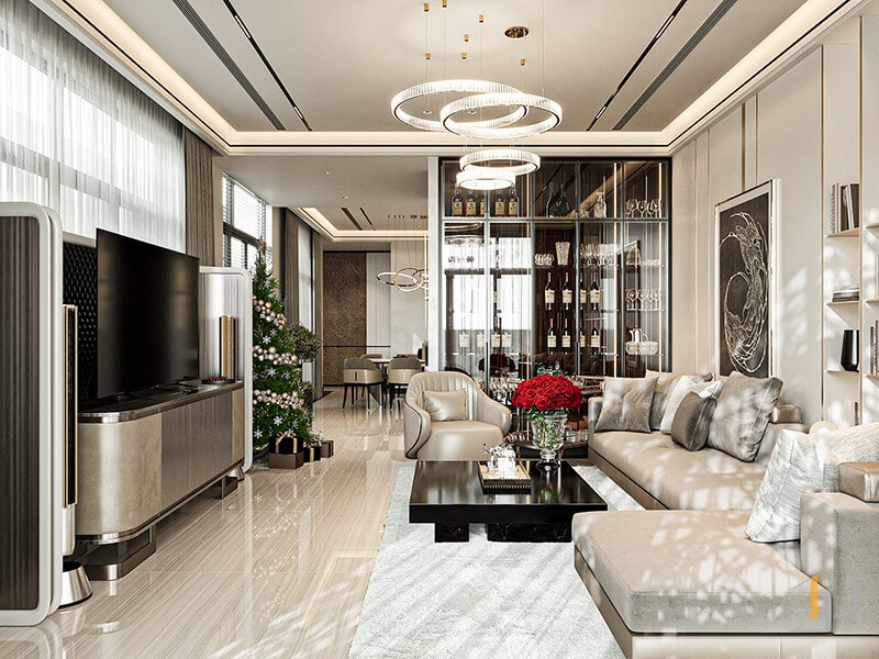 noi-that-phong-khach-6x15m Phòng khách hiện đại với nội thất sang trọng, trang trí tông màu kem, cùng bàn cafe trung tâm và đèn chùm độc đáo.