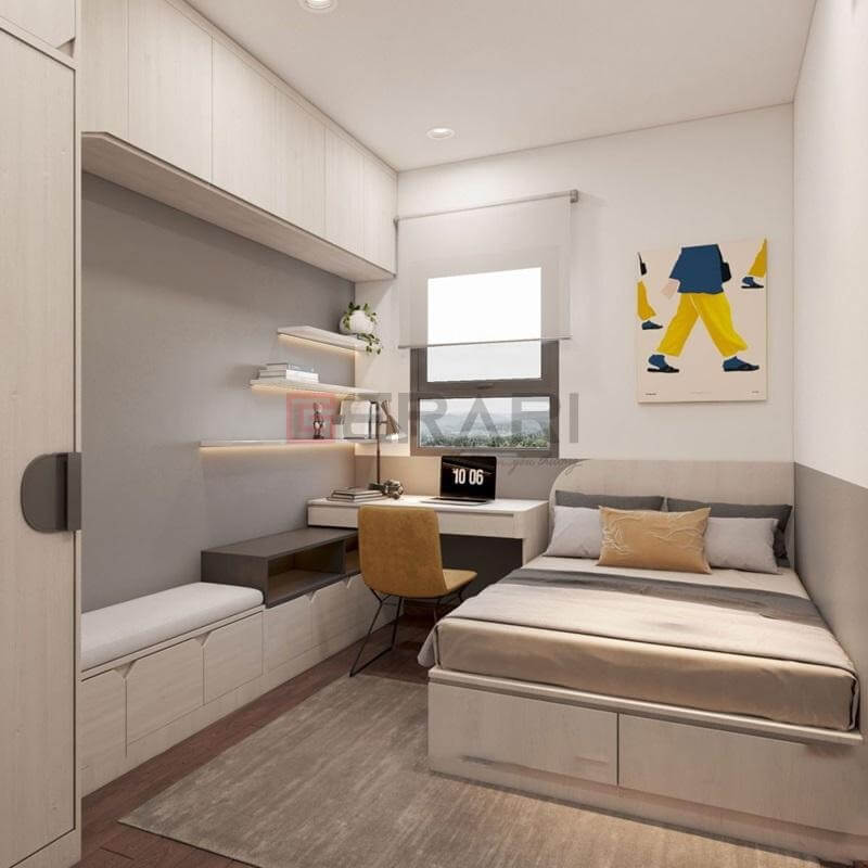 Phòng ngủ nhỏ gọn với giường, bàn làm việc và kệ sách, phong cách hiện đại và thoải mái.