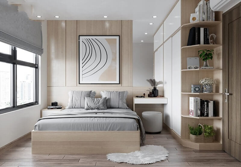 noi-that-phong-ngu-go-6x15m Phòng ngủ hiện đại, tông màu trung tính, giường lớn, tranh treo tường, cửa sổ lớn, kệ sách cong, nội thất gỗ tối giản.