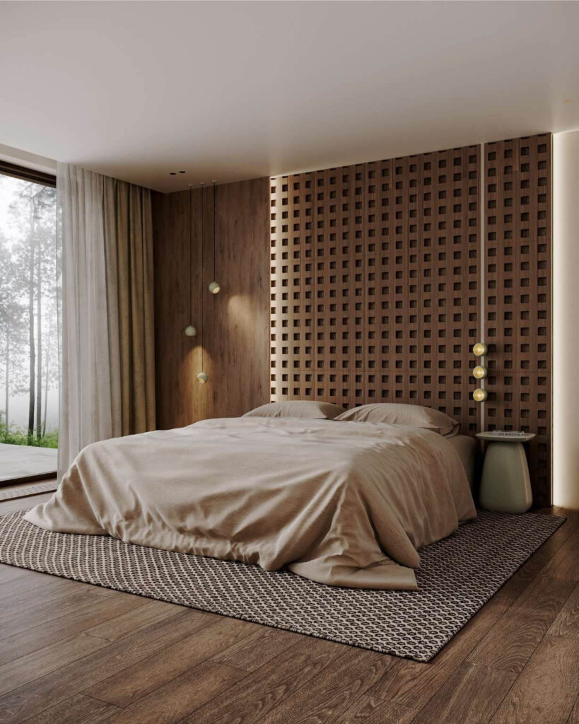 Phòng ngủ hiện đại với giường lớn, ánh sáng tự nhiên qua cửa sổ và vách gỗ trang trí tinh tế.