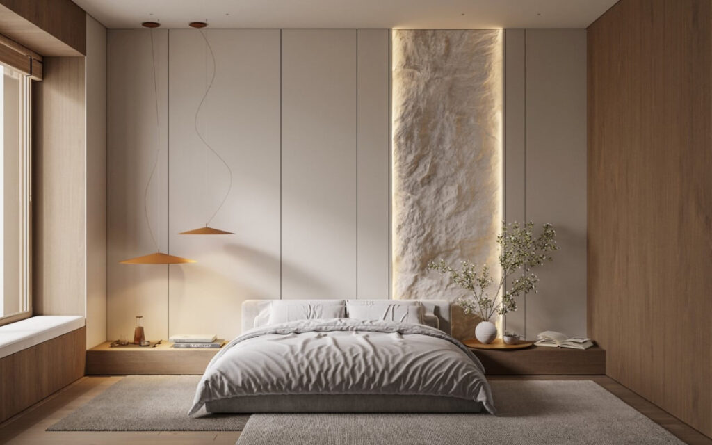 noi-that-phong-ngu-go-tu-nhien-13-1024x640-1 Phòng ngủ phong cách tối giản với giường trắng, ánh sáng đèn và bức tường trang trí bằng đá.