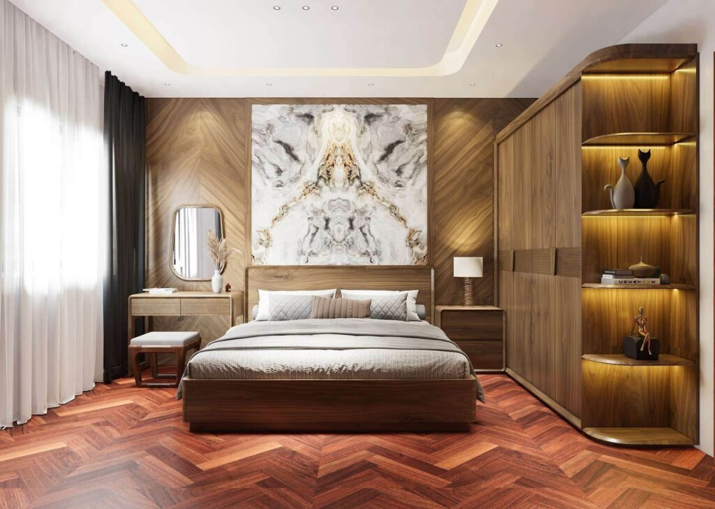 Phòng ngủ hiện đại với nội thất gỗ, giường lớn và bức tranh nghệ thuật treo tường.