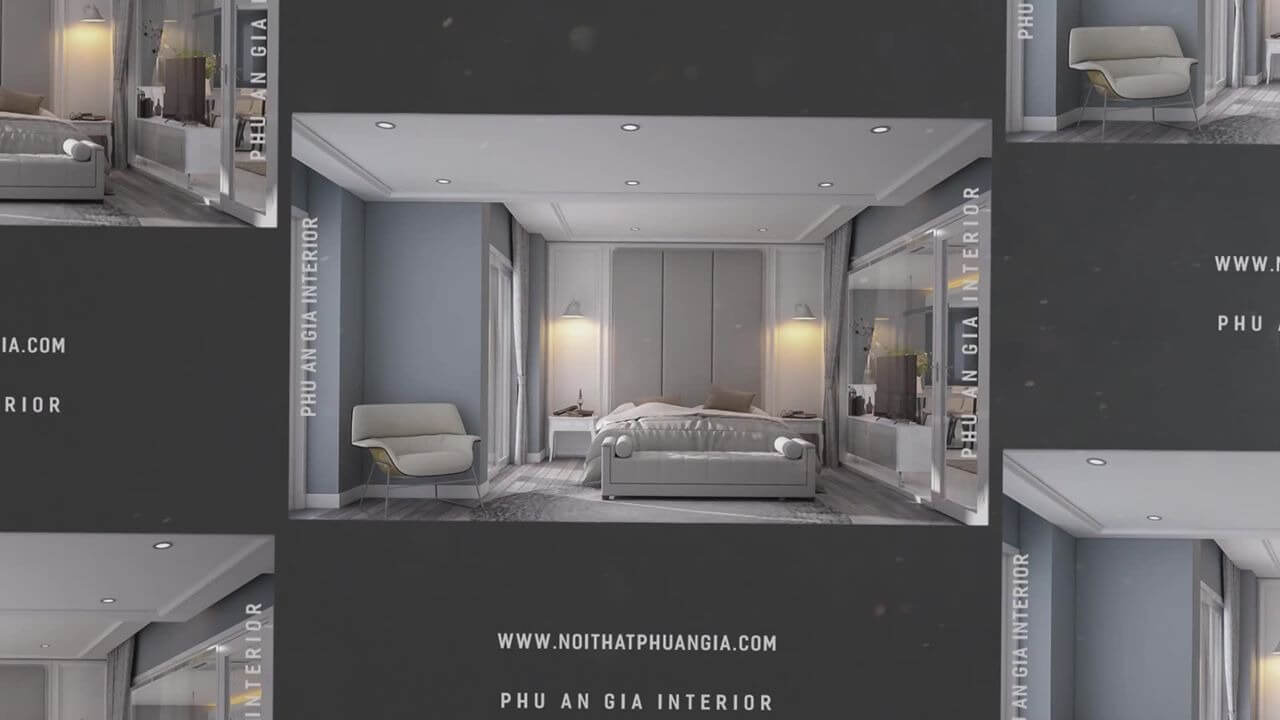 Phòng ngủ hiện đại với nội thất màu xám, thiết kế bởi Phú An Gia Interior.