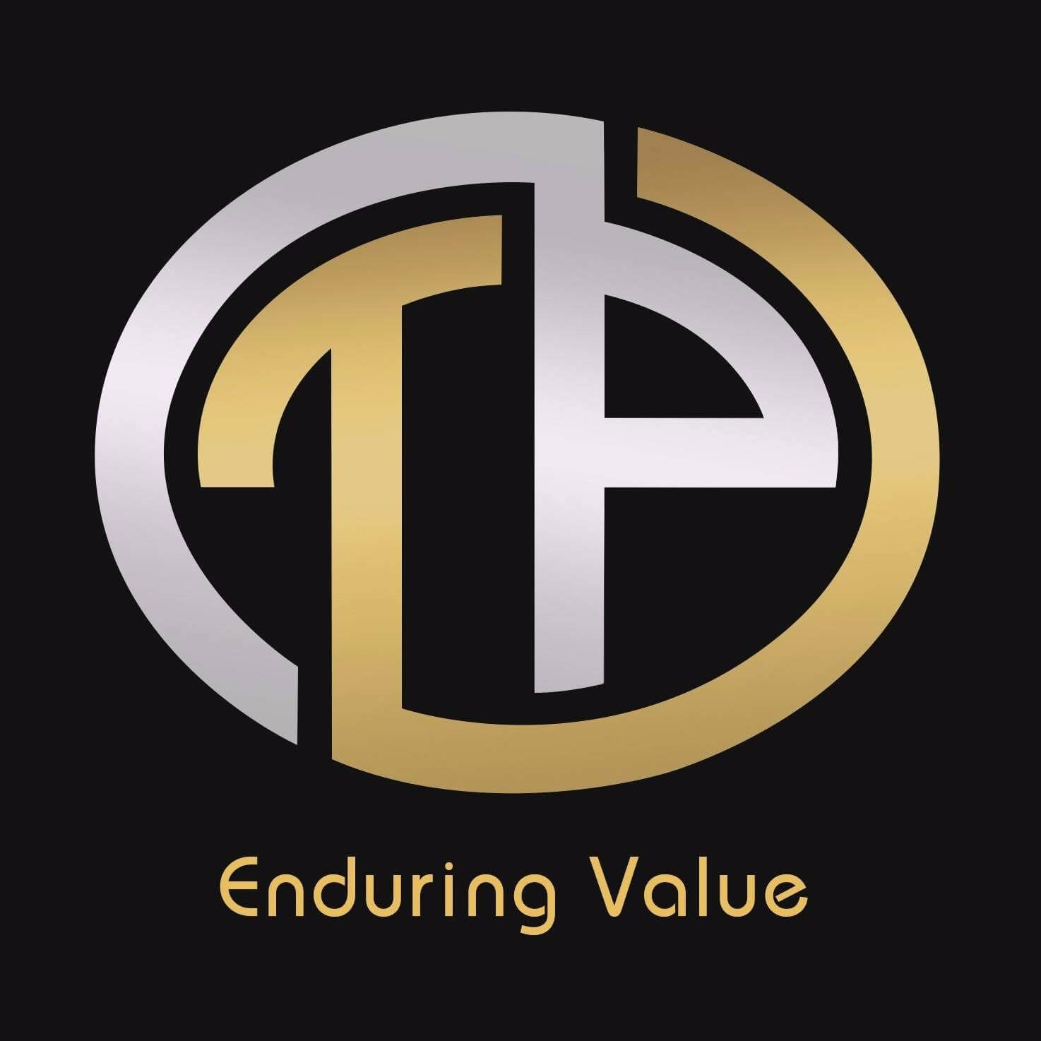 Logo hình chữ cái màu vàng và bạc trên nền đen, dòng chữ Enduring Value phía dưới.