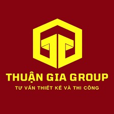 Logo Thuận Gia Group, tư vấn thiết kế và thi công, nền đỏ chữ vàng nổi bật.