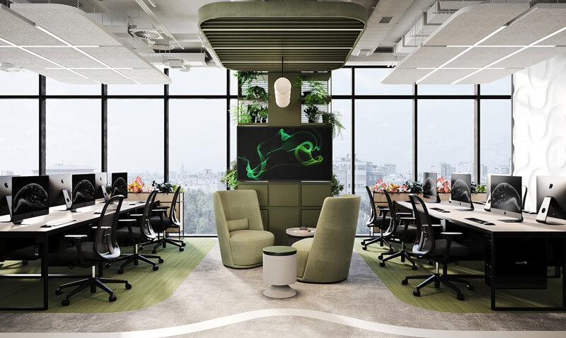 noi-that-van-phong-2 Văn phòng hiện đại với máy tính, bàn làm việc, không gian xanh và ánh sáng tự nhiên từ cửa sổ lớn.