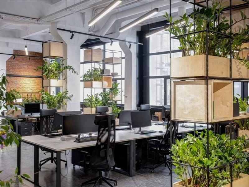 noi-that-van-phong-co-su-phoi-tron-giua-cac-ket-cau-khac-nhau Văn phòng hiện đại với thiết kế mở, cây xanh và bàn làm việc chung, mang lại không gian làm việc thoải mái.