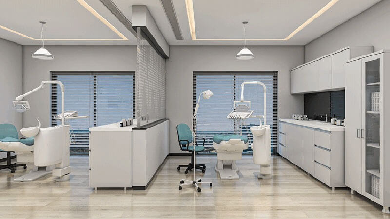 Nội thất văn phòng nha khoa nhã nhặn với tone màu trắng