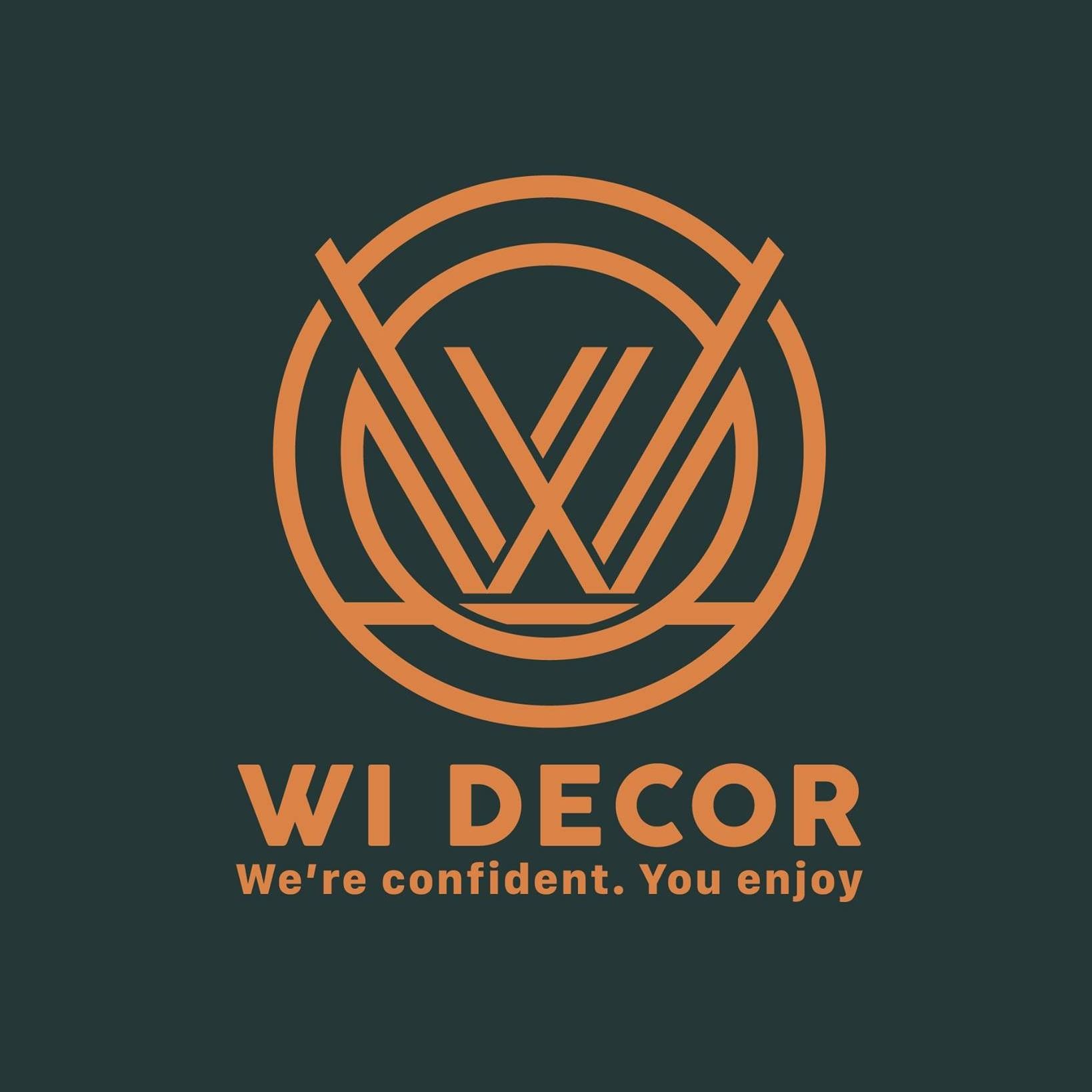 Logo WI DECOR màu cam trên nền đen với khẩu hiệu: We're confident. You enjoy.