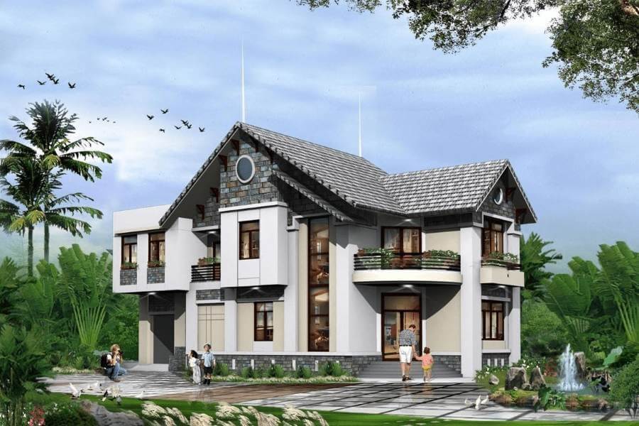 Ngôi nhà hiện đại hai tầng, mái ngói giữa vườn cây xanh, có người đi bộ phía trước.