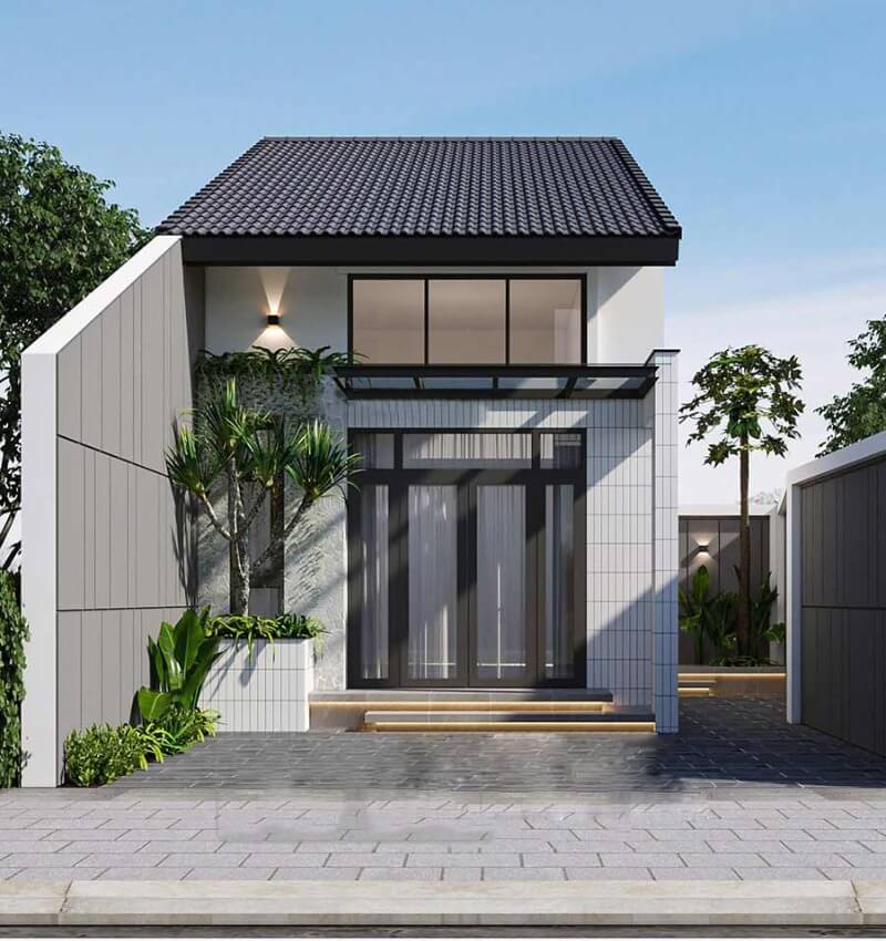 onl9j0t2qiwy7g4mkfha Nhà mái ngói hiện đại với cửa kính lớn, cây xanh bên cạnh, tường màu xám nhạt tạo không gian thoáng đãng.