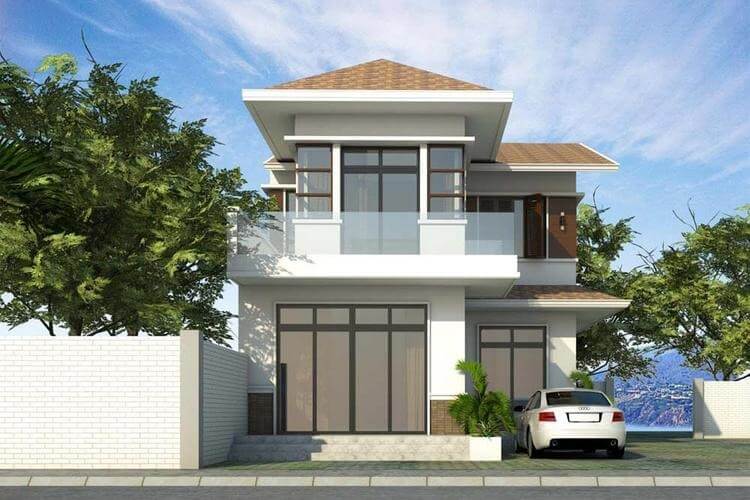 Ngôi nhà hai tầng hiện đại với xe hơi trắng đậu phía trước, nền trời xanh và cây cối xung quanh.