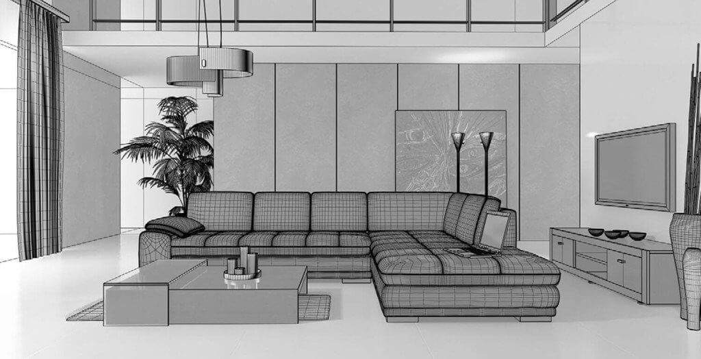 Phòng khách hiện đại với sofa lớn và cây cảnh, thiết kế tối giản, trang trí hài hòa và ánh sáng dịu nhẹ.