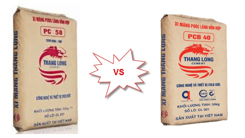 Hai bao xi măng Thăng Long, PC 50 và PCB 40, thương hiệu hàng đầu Việt Nam.