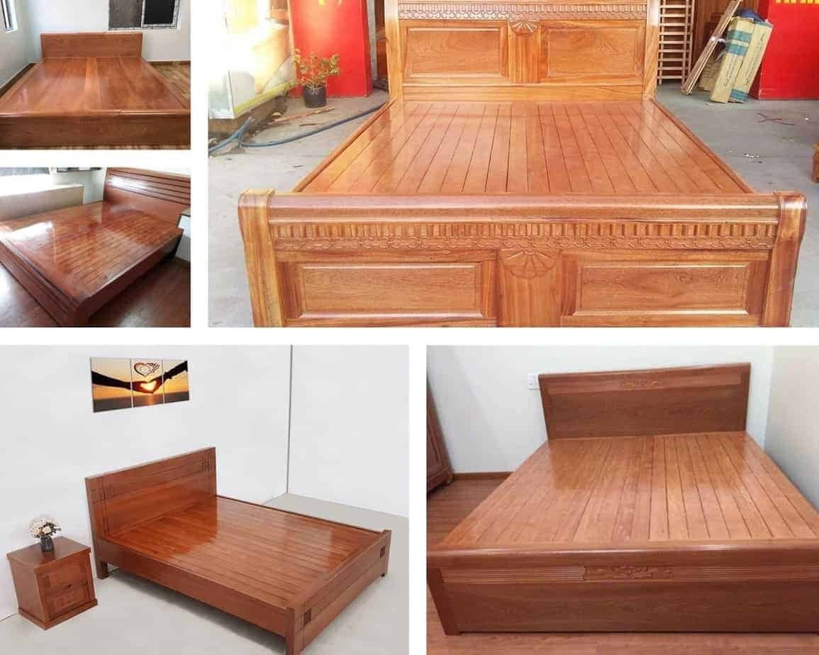 Giường gỗ tự nhiên, thiết kế cổ điển, nội thất phòng ngủ sang trọng.