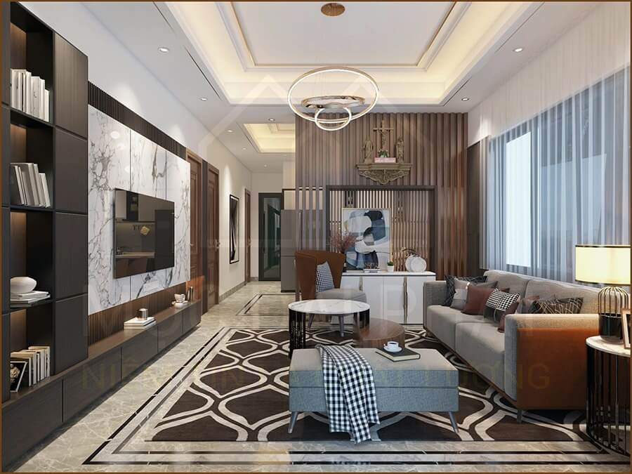 Phòng khách hiện đại với sofa, kệ sách, đèn trần và cửa sổ lớn, tạo không gian ấm cúng và sang trọng.