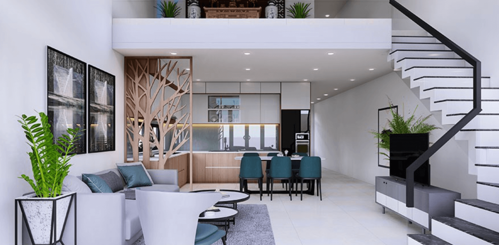 Phòng khách hiện đại với cầu thang, nội thất tối giản và cây xanh trang trí.