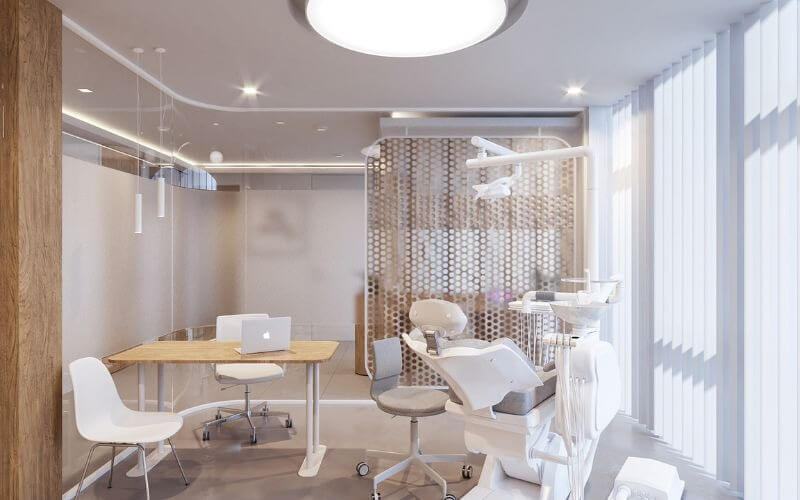 phoi-mau-dam-tren-nen-trung-tinh-cho-thiet-ke-phong-kham-nha-khoa-5 Phòng khám nha khoa hiện đại với ghế khám và bàn làm việc, thiết kế sáng và thoáng đãng.