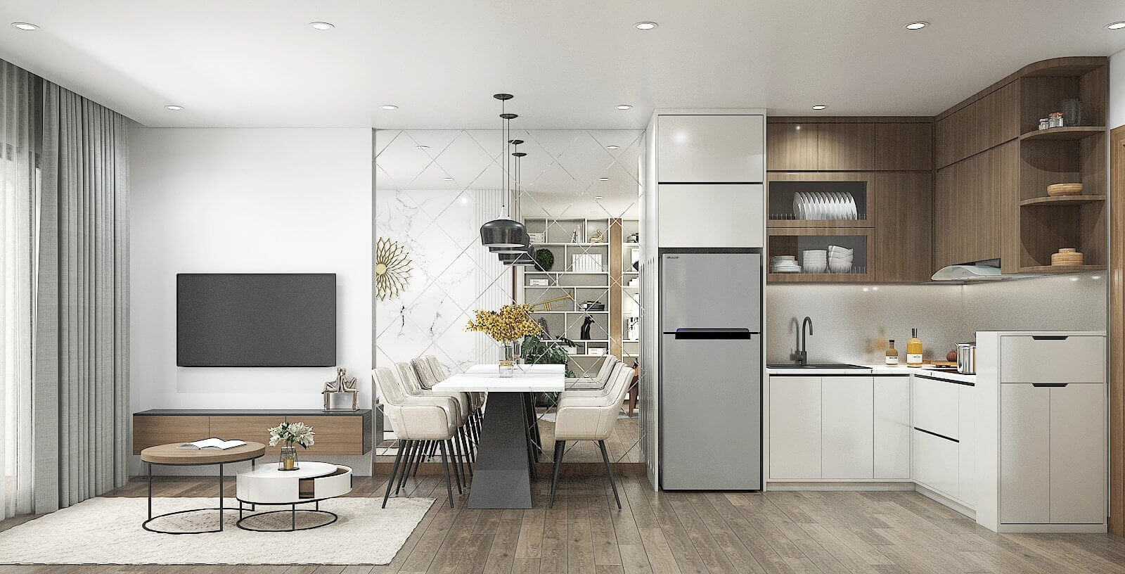 Phòng bếp chung cư 65m2 màu trắng chủ đạo