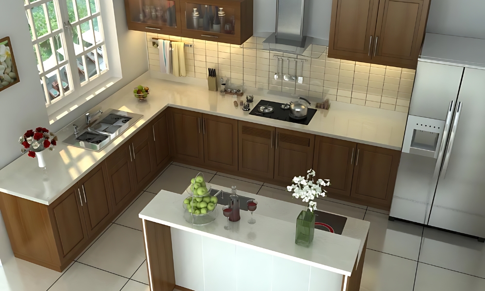 phong-bep-dep-nha-ong-2 Gian bếp hiện đại với tủ gỗ, tủ lạnh inox, bàn bếp màu trắng, trang trí hoa và trái cây.