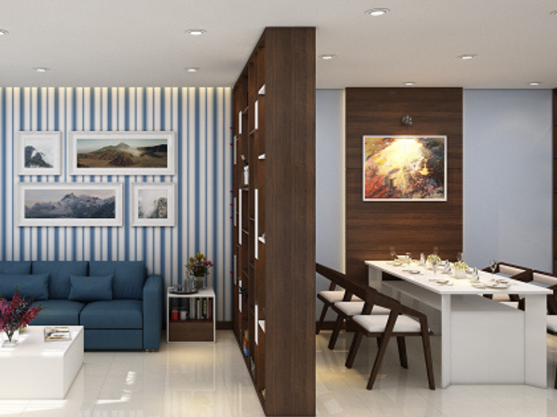 phong-bep-nha-ong-4m-3 Phòng khách và ăn hiện đại với ghế sofa xanh, tranh treo tường và bàn ăn trắng, thiết kế nội thất sang trọng.