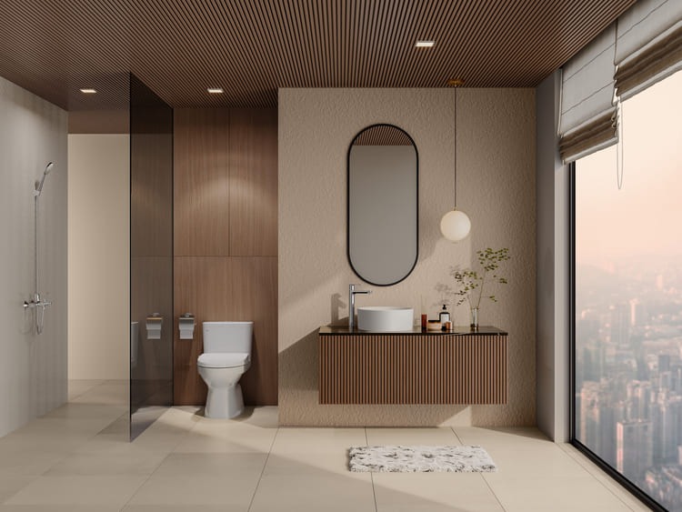 Phòng tắm hiện đại với bồn rửa, gương lớn và cửa kính nhìn ra cảnh thành phố.