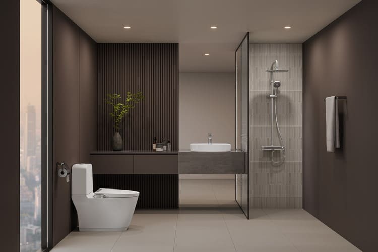 Phòng tắm hiện đại với nội thất tối giản, bồn cầu, bồn rửa, vòi sen và gương lớn, thiết kế thanh lịch và tinh tế.