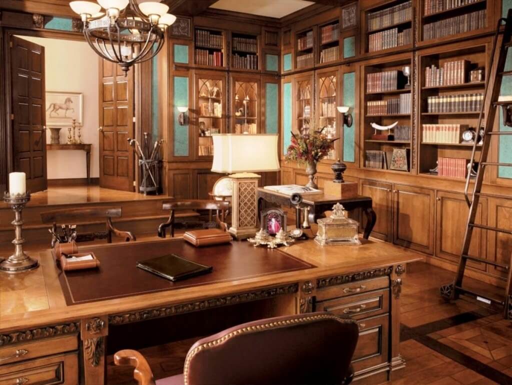 phong-cach-van-phong-co-dien Phòng làm việc cổ điển với bàn gỗ, kệ sách và ánh sáng ấm cúng, tạo không gian làm việc sang trọng, ấm áp.